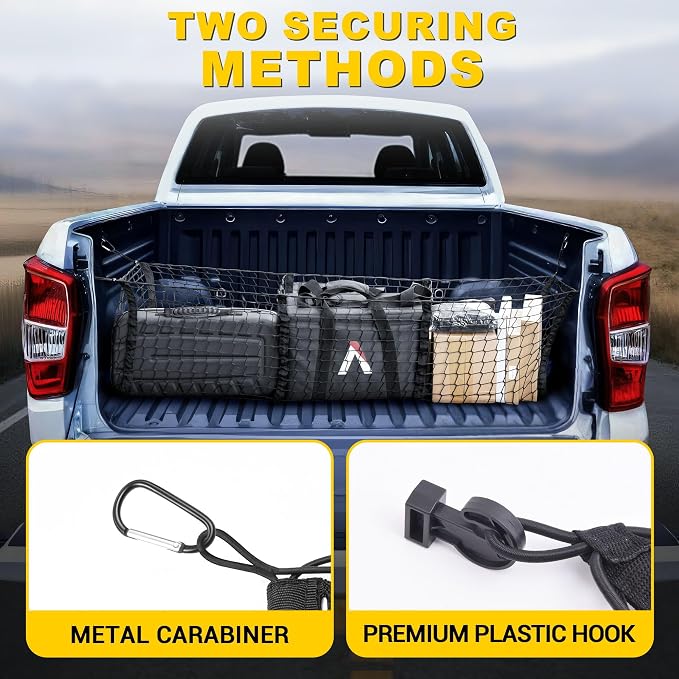 BUMBEE Heavy Duty Mesh Cargo Net 3 Pocket Trunk Bed Storage for 2005-2024 Toyota Tacoma Car, SUV, Pickup Truck Bed with Metal Carabiners Storage Bag(46x14x17Inch)