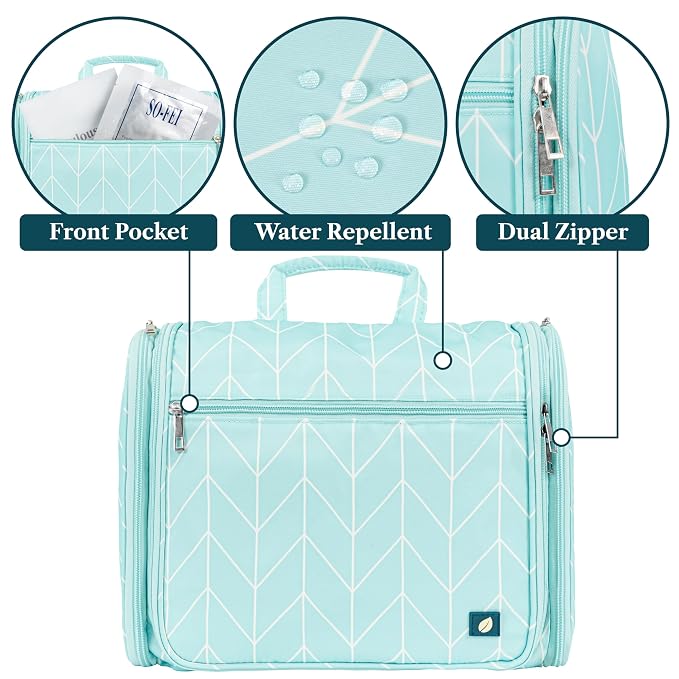 PAVILIA Large Hanging Makeup Bag and Toiletry Organizer for Women, Travel Cosmetic Case with 10 Compartments, Swivel Hook and 3 Leakproof Pockets, Packs Flat, Teal Chevron