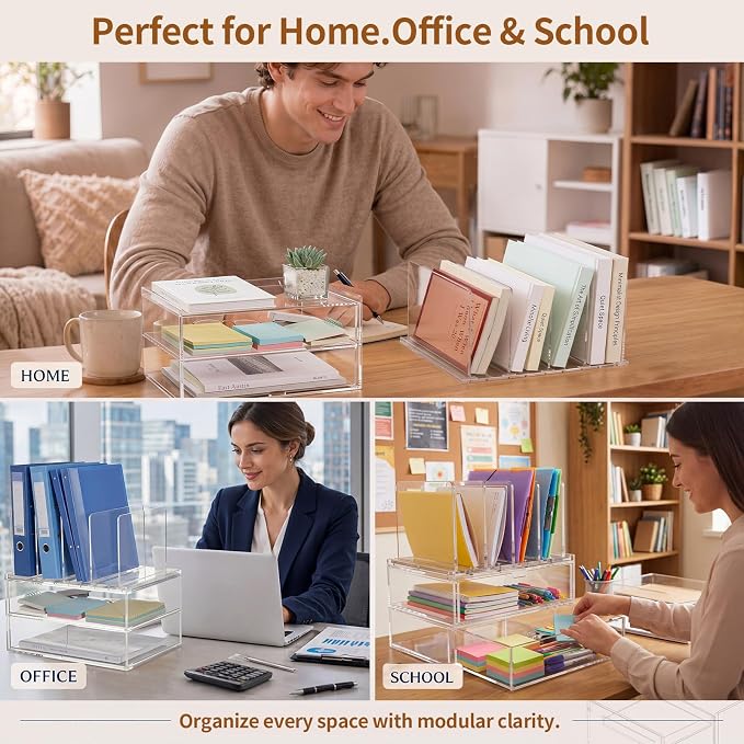 Ripeng Acrylic Desk Organizer with 2 Drawers, Vertical File Holder with 5 Detachable and Adjustable Dividers, Clear Desk Organizers and Accessories for Home, Office, School