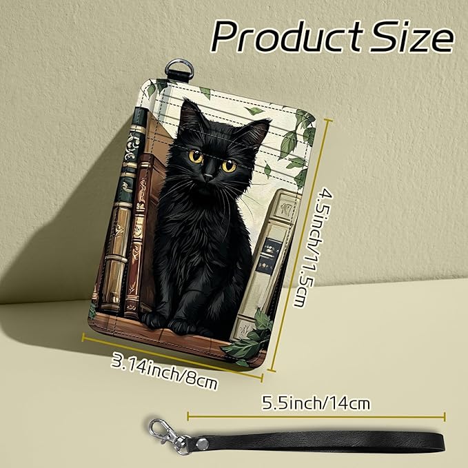 Small Travel Wallets, Black Cat Books Slim Minimalist Front Pocket Wallet with Wristlet, RFID Blocking PU Leather Credit Card Holder with ID Window Change Purse for Men Women