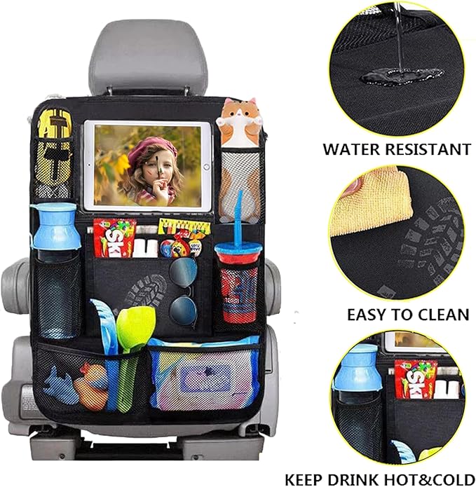 Car Backseat Organizer with tablet holder,1Pcs Kick Mats Back Seat Protector with 9 Storage Pockets Travel Accessories Easy to Clean BLACK
