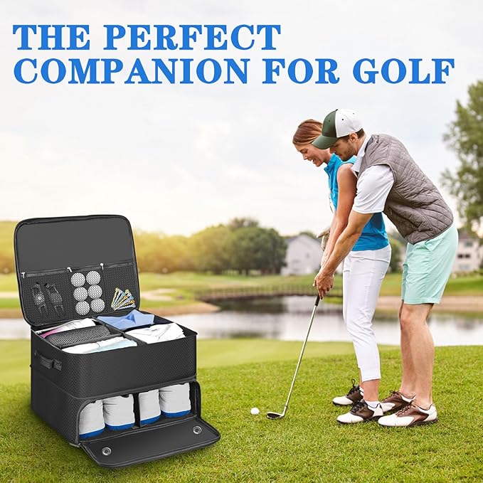 Golf Trunk Organizer, 2 Layer Car Trunk Locker with Separate Ventilated Shoe Compartment - Waterproof Golf Accessories Storage for Balls, Tees, Clothes, Gloves | Golf Gifts for Men Golfers