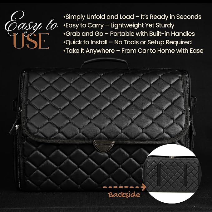 Leather Trunk Organizer with Lid for Suv and more, Foldable Car Organizer, Car Organizers and Storage with Pockets, Non-Slip Design (Black-Black)