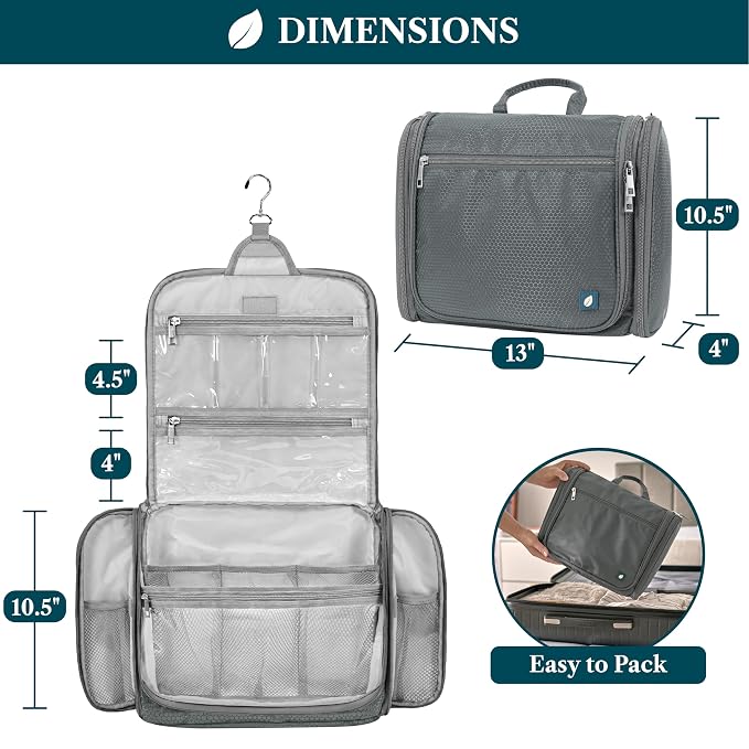 PAVILIA Large Hanging Toiletry Bag for Women Men, Travel Cosmetic Organizer with 10 Compartments, Swivel Hook and 3 Leakproof Pockets, Water Resistant Makeup Case, Packs Flat, Black