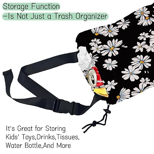 Small Daisy Flowers Car Garbage Bag,Waterproof Small Car Trash Bag Hanging Back of Seat,Drawstring Hanging Car Trash Bag with Adjustable Buckle for Car Accessories