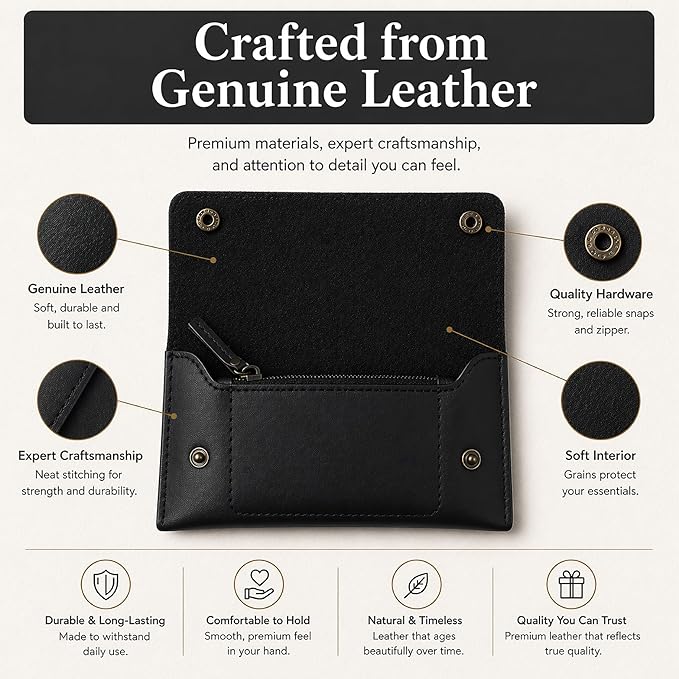 Leather Currency Pouch - Handmade Cash Organizer with Double Button Closure & Zipper Pocket, Compact Money Holder for Travel & Everyday Use, 4 x 8 Inch (Black)