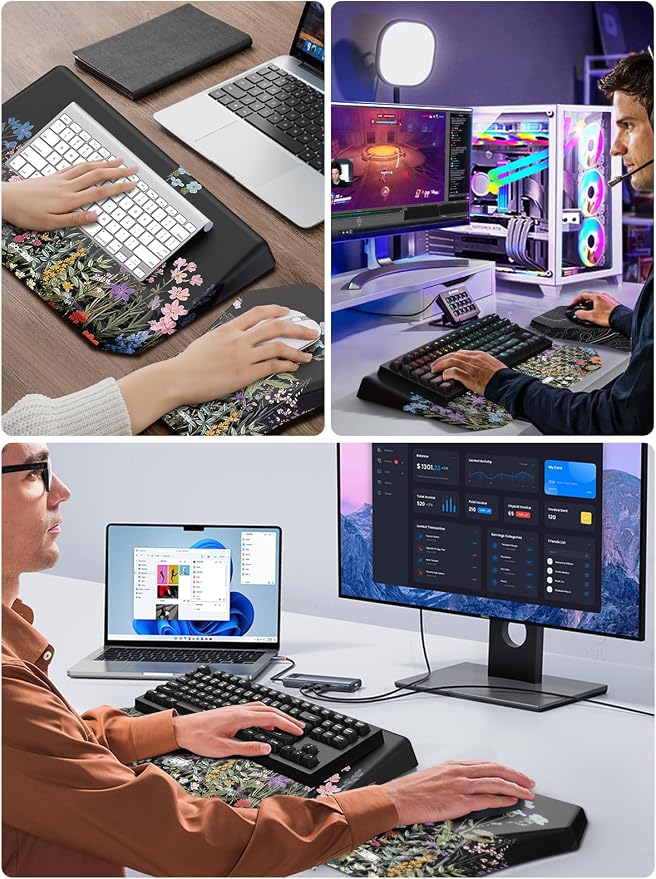 3-in-1 Ergonomic Keyboard Stand with Wrist Rest & Mouse Pad Set, Comfy Keyboard Riser Holder Soft Mousepad with Massage Design, Memory Foam and Non-Slip PU Base for Pain Relief, Flower