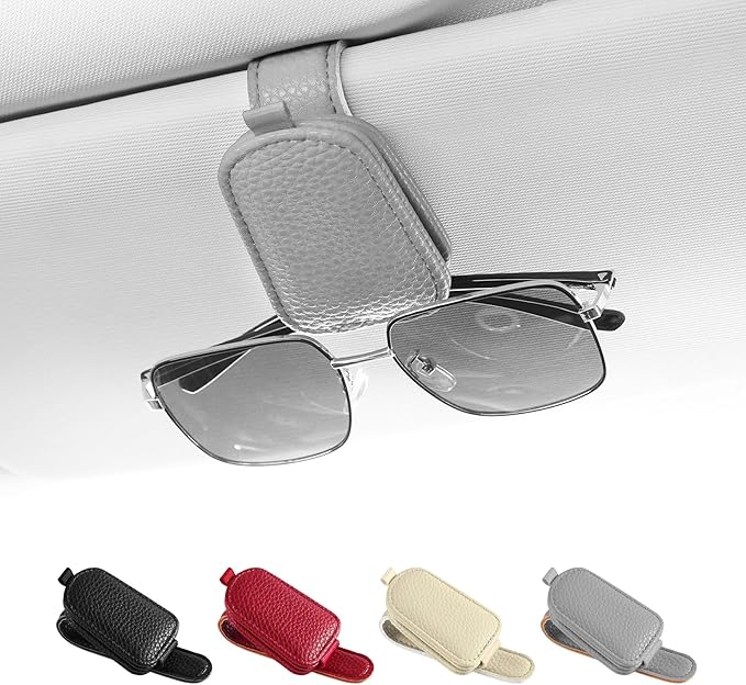 SINGARO Sunglasses Holder for Car, Leather Magnetic Buckle Sun Visor Sunglass Clip, Ticket Card Storage Glasses Clip, Car Interior Accessories for Men and Women（Gray）