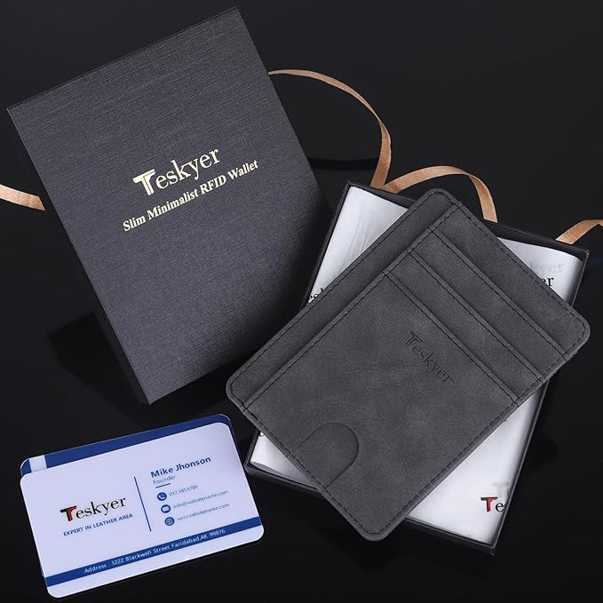 Teskyer Slim Wallet for Men, Minimalist Front Pocket RFID Blocking Leather Wallet Credit Card Holder for Men & Women
