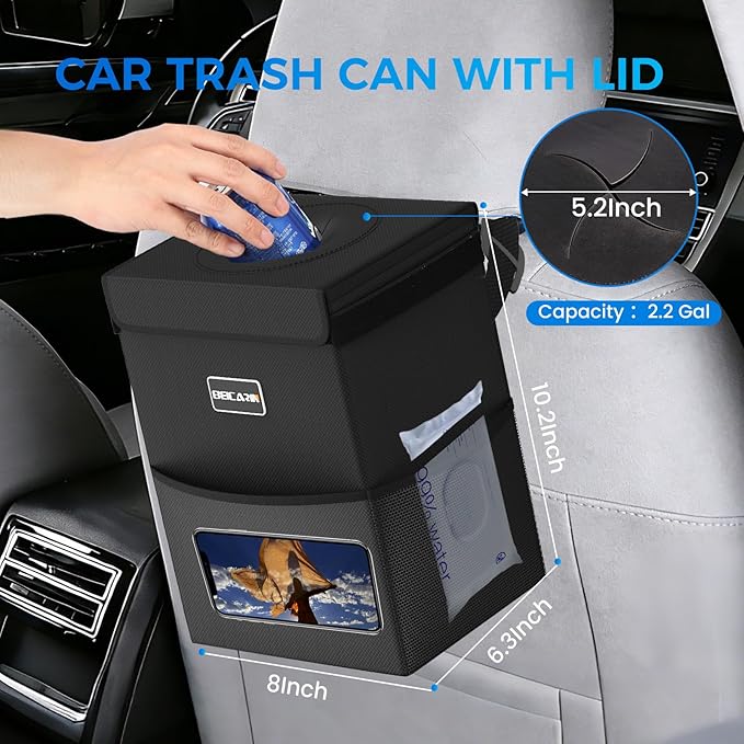 Beicarin Car Trash Can with Lid - Trash Bag Hanging with Storage Pockets Leak-Proof Organizer Collapsible and Portable Waterproof Garbage Bin, 2.2 Gallons Multipurpose Trash Bin for Car