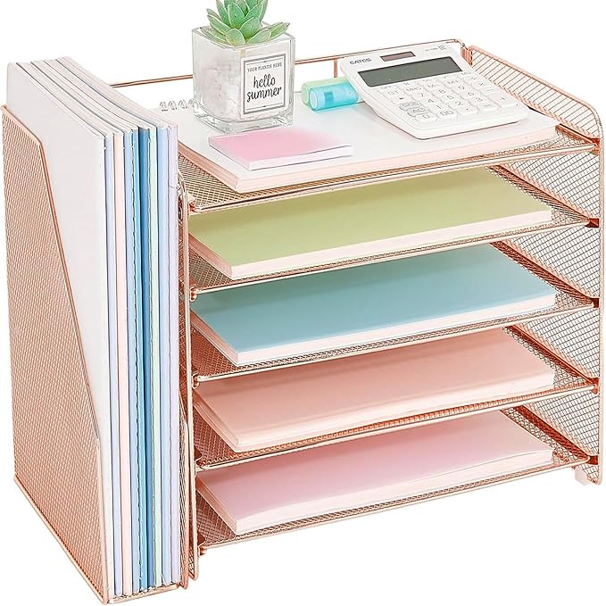 OPNICE Desk Organizer, 5-Tier Paper Organizer Letter Tray with Magazine Holder, Office Desk Accessories & Workspace Organizers, Desktop File Organizer for Office Supplies Storage, Rose Gold