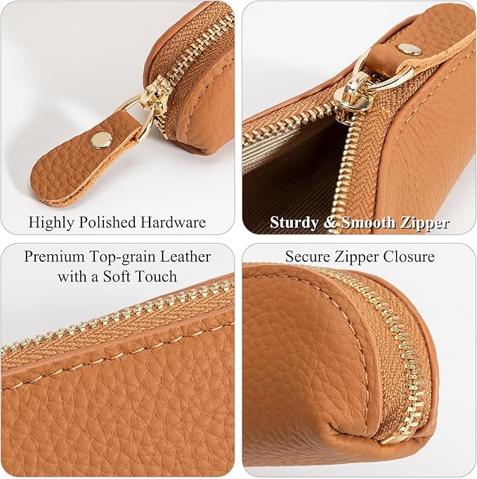 Full Grain Leather Coin Pouch - Travel Small Coin Purse with Zipper - Mini Key Pouch Change Purse for Women and Men (Brown, Large Size)