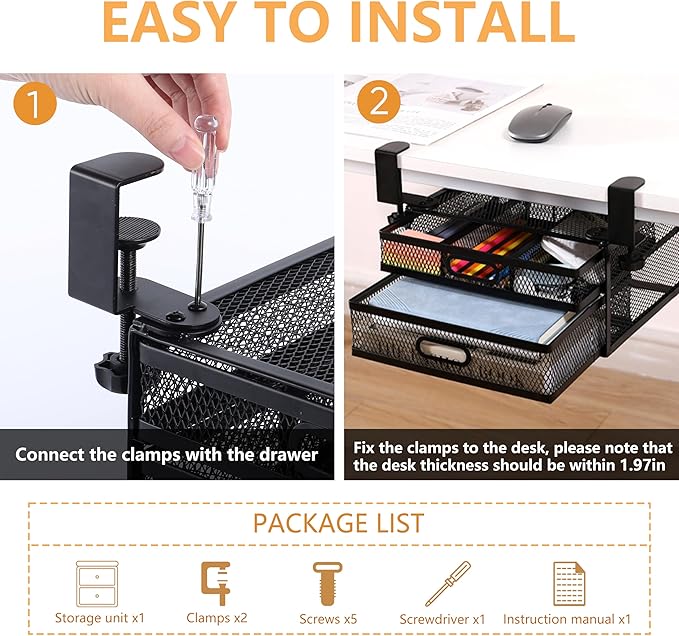 Sliding Under Desk Drawer Organizer No Drilling 2 Drawers Slide Out Desktop Or Under Table Storage Metal Clamp On Desk Drawer Attachment Anti-Slip Under Desk Organizer for Home & Office
