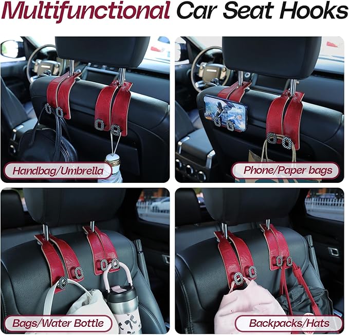 Car Headrest Hooks Universal Car Purse Hook Premium Leather and Alloy Twin Hook Car Seat Back Storage Hanger Hook for Purse Bags Cloth Drink Durable Holder Car Accessories (BH09-Red-Black)