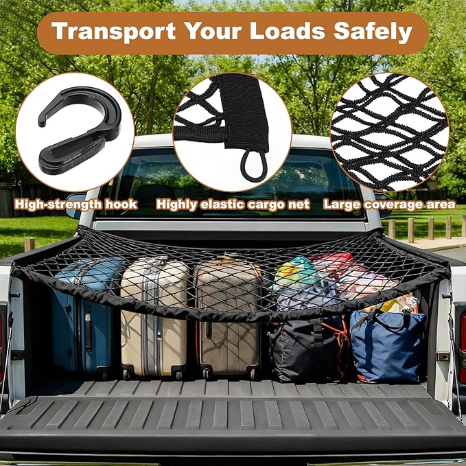 PATIKIL Truck Cargo Net, 28 x 20 Inch Polyester Adjustable Trunk Bed Net Stretchable Mesh Storage Organizer with 8 Hooks Universal for Pickup Trucks SUV Cars, Black