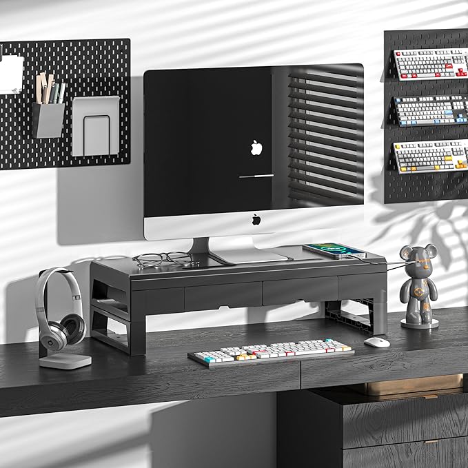 Computer monitor stand with 2 drawer ，Laptop Desk Shelf & Monitor Riser ,22W charging , 2 USB 3.0 , and 1 USB 2.0，21.6 inches long desk riser Monitors/PC/Laptop/Computer Space Saver Organizer ，Heavy Duty Gift Gaming Studio Office (USB Hub Fast Charging...