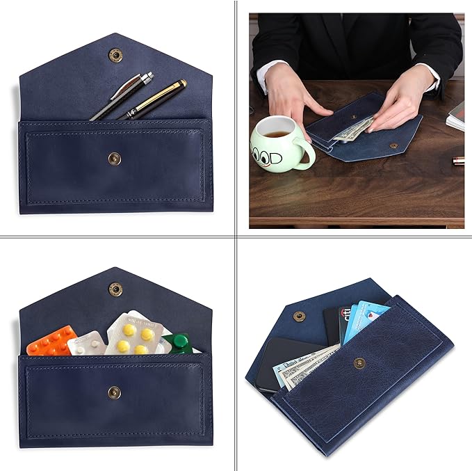 Blue Leather Cash Envelopes for Money Pouch Currency Holders - Soft Leather Money Bag Mobile Holder for Travel - Genuine Leathers Wallets for Women Money Bag - Travel Money Pouch Cash Holder