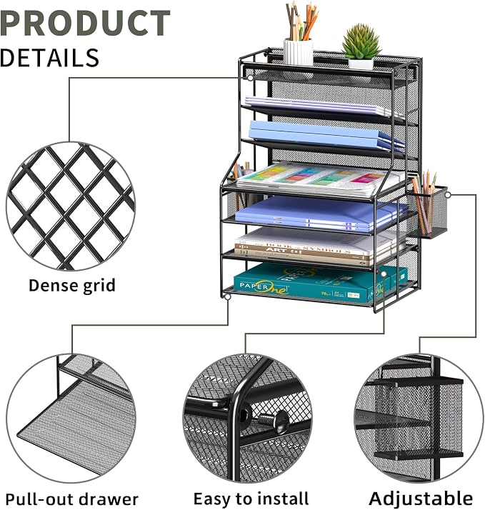 7 Tier Desk File Organizer, Black Metal Letter Tray Paper Organizer with Pull-Out Drawer, Removable Pen Holder & Hanging Basket, Vertical Desktop File Holder for Home Office, Classroom