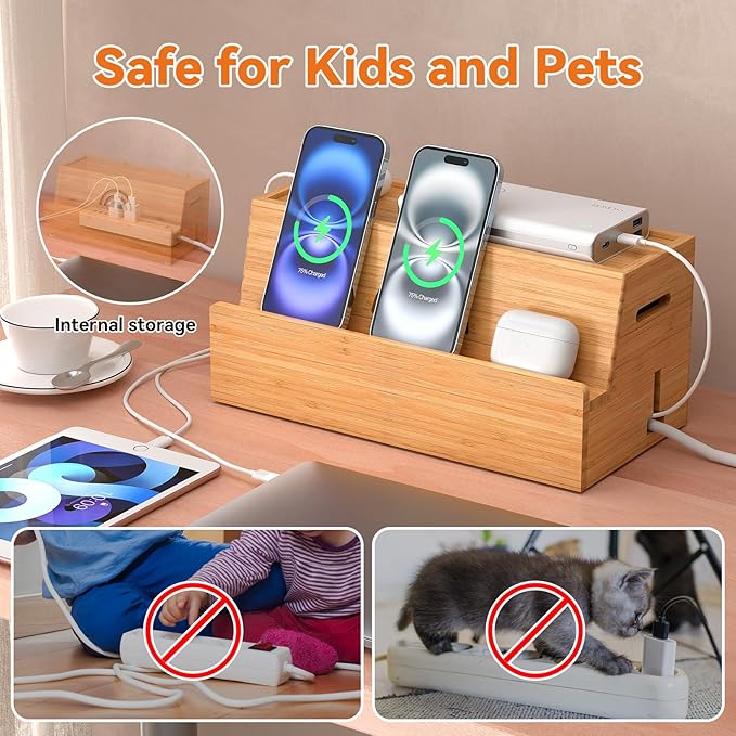 Bamboo Cable Management Box, Natural Color, 31X14X15.5CM, Cable Organizer Box for Desk with Conceal Power Cords and Power Strips, Suitable for Living Rooms, bedrooms, Offices and More