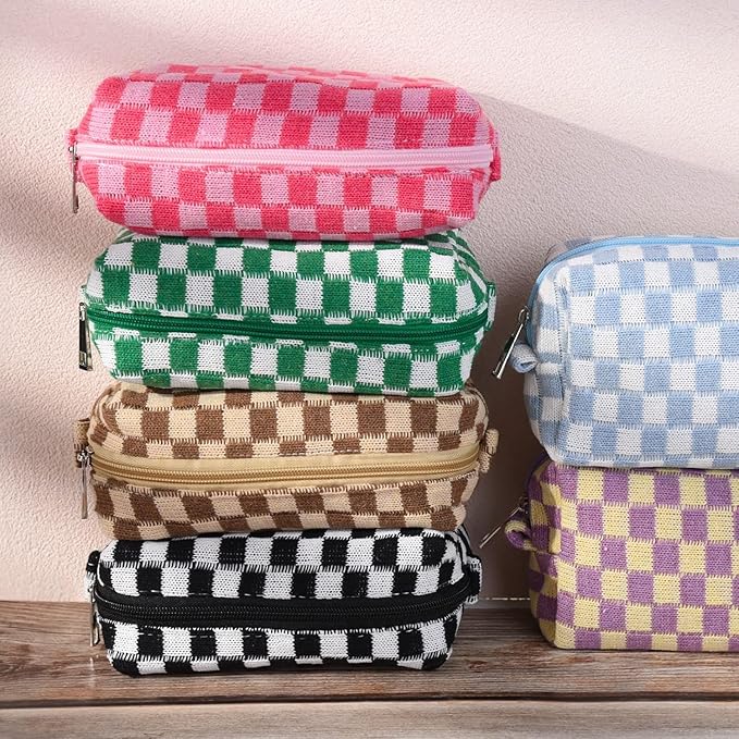 HERGÉ Checkered Makeup Bags, Small Cosmetic Pouches with Zipper, Travel Storage Cases, 6 Pack