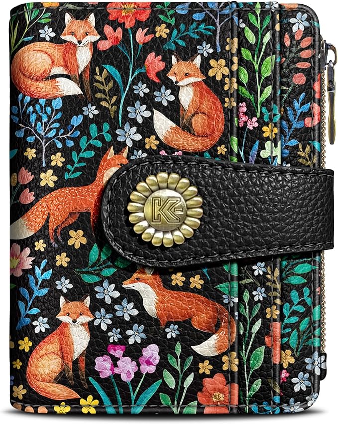 Kelvoris Cute Floral Fox Flowers Boho Small Rfid Women Wallet Bifold Zipper Coin Pocket PU Leather Compact Cash Credit Card Holder Travel Wallet for Female Ladies Teen Girls 1 ID Window 10 Card Slots