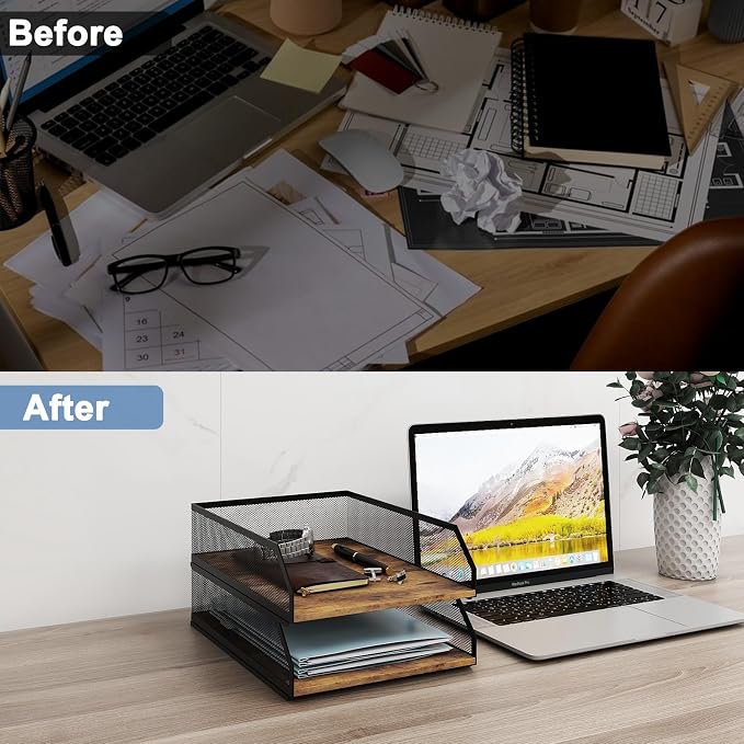 Natwind 2-Tier Stackable Metal Mesh Paper Organizer with Sliding Tray,Retro | Wooden Desk Organizer, Letter Tray For Desktop,File Holder For Home Office School Classroom Organization
