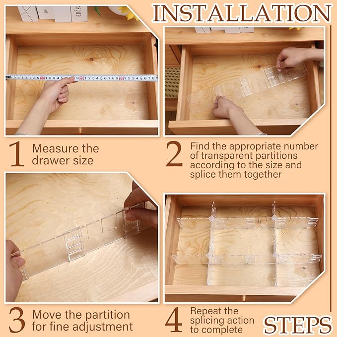 45 Pcs Adjustable Clear Drawer Dividers with Fixed Buckle DIY Plastic Drawer Organizer Box Dividers Back to School Gift for Sock Underwear Makeup Kitchen Bedroom Dresser Office Storage(Clear)