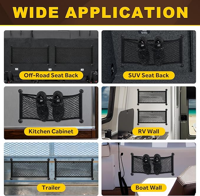 BUMBEE 2 Pcs Universal Elastic Mesh Netting Mesh Cargo Net, Envelope Netting, Elastic Pocket Pouch Bungee Organizer for Car Seat Back RV Wall Trunk, Hooks & Screws Included (23.6'' x 9.8'')