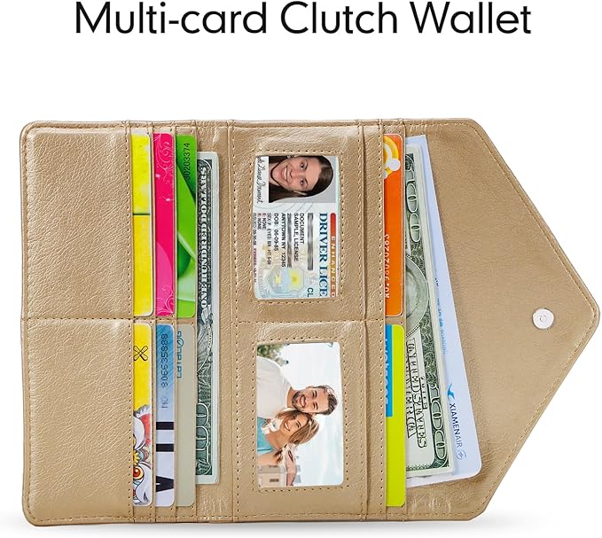 Slim Womens Wallets with Credit Card Slots, Long Envelope Style Anti Theft with 2 ID Windows, Coin Pocket, Champagne