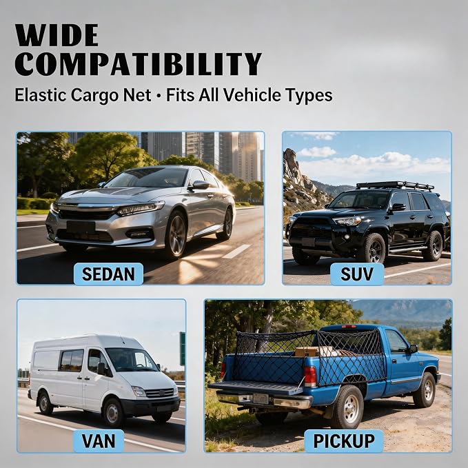 Cargo Net for SUV Trunk Organizer, Stretchable Truck Bed Storage Net with 4 Hooks, 32"x24" Expandable to 63"x47", Heavy Duty Elastic Mesh for Car Storage