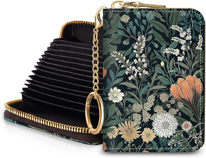 Blusabaca Weeds Flower Floral Plants Wildflowers Credit Card Holder for Women, Small RFID Blocking Wallet with Zipper, Card Keychain Wallet, PU Leather Card Case, Accordion Aesthetic Wallet Gift