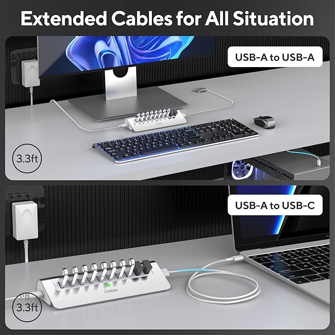 Powered USB Hub 10Gbps, 10 Port USB 3.2 Gen 2 Hub with 10Gbps Data Transfer, 36W(12V/3A) Power Adapter, Type A and Type C Cable, Aluminum USB Data Hub for Mac, PC, Laptop
