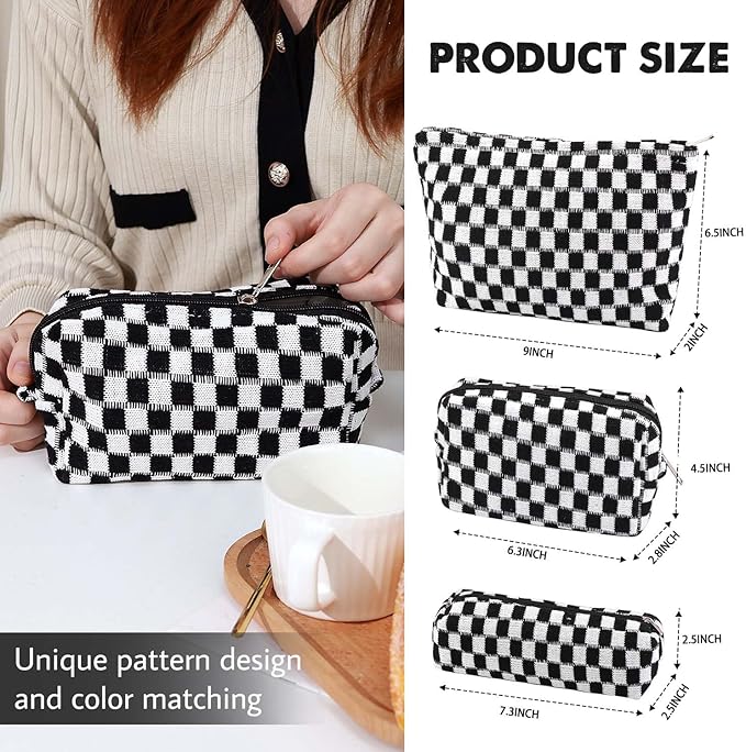 3 Pcs Makeup Bag Cosmetic Bag Set for Girls Women Checkered Travel Organizer Bathroom Toiletry Pouch Large Capacity Storage Bag (Black-White)