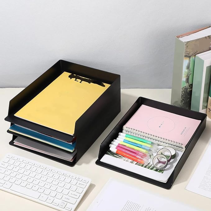Wenqik 4 Pcs Stackable Paper Trays Rectangular Plastic Desk Holder Desktop Document File Organizer Storage Letter for Office Classroom (Black)