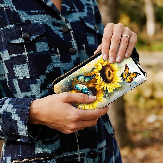 Women's RFID Blocking Zip Around Wallet with Detachable Wrist Strap, Large Capacity Credit Card Holder Organizer for Everyday Use,Sunflower Butterfly