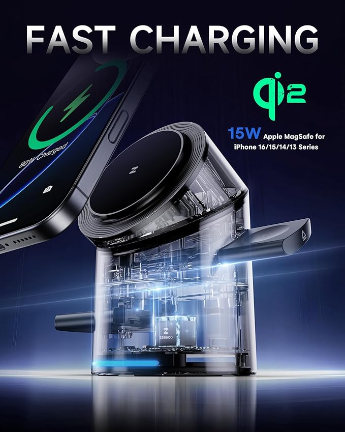 ZEEHOO 3 in 1 Charging Station for Apple Devices, Mag-Safe Charger Stand, Qi2 15W Auto-Rotating Wireless Charger for iPhone 17 16/15/14/13/12 Series& AirPods& iWatch(White)