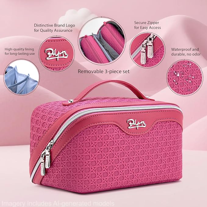 BOYATU Travel Makeup Bag Cosmetic Bags for Women: Large Capacity 3 Pcs Set Make up Bag with Compartments - Waterproof Vegan Leather Toiletry Organizer Bags with Handle (M-73Rose)