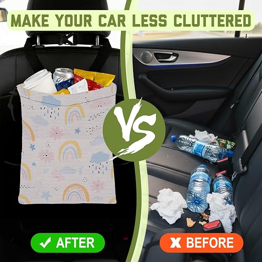 Car Trash Bag Abstract Rainbow Cloud Leak-Proof Waterproof Car Garbage Bag with Drawstring Foldable Canvas Trash Bin with Adjustable Buckle for Car Accessories, Travelling, Camping