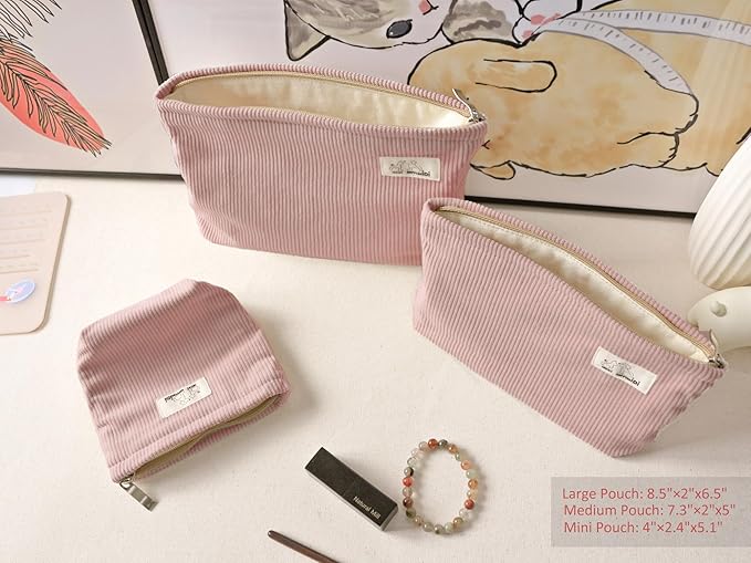 HAPPYHEIDI Corduroy Makeup Bag Set 3 w Pocket Cosmetic Toiletry Travel Pouch Purse Organizer, 3-Size, Soft Creamy Pink