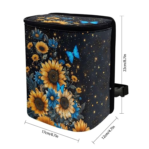 Blue Butterfly Sunflower Print Car Trash Can - Foldable, Automotive Garbage Bin with Leak Proof Hanging Bag
