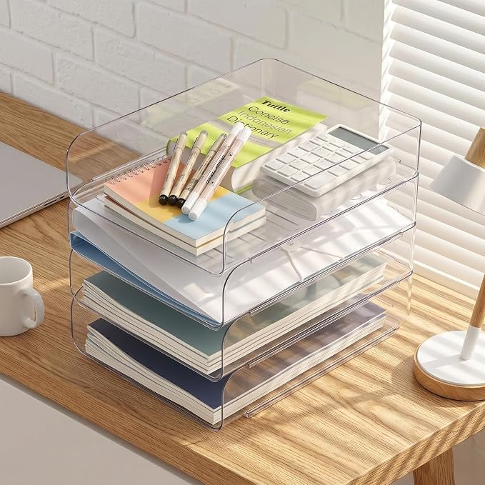 CiWiVOKi 4 Trays Paper Organizer Letter Tray, Acrylic Clear PET Desk File Organizer, Stackable Paper Holder Sorter for Desk Accessories, Files, Documents, iPad, Books, A4 Size, No Assembly Required