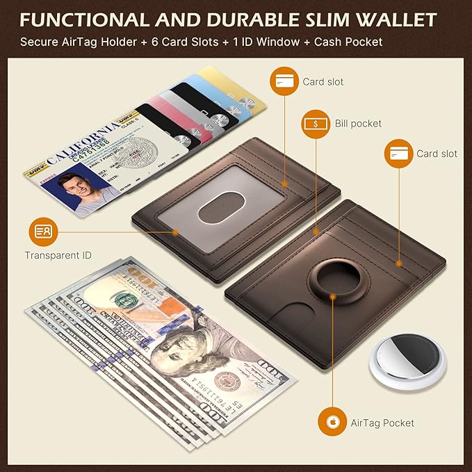 typecase Slim Minimalist Card Mens Wallet for AirTag, Front Pocket Premium Crazy Horse Leather Wallet with AirTag Holder, RFID Blocking Cash Credit Card Wallet Compatible with AirTag (Brown)