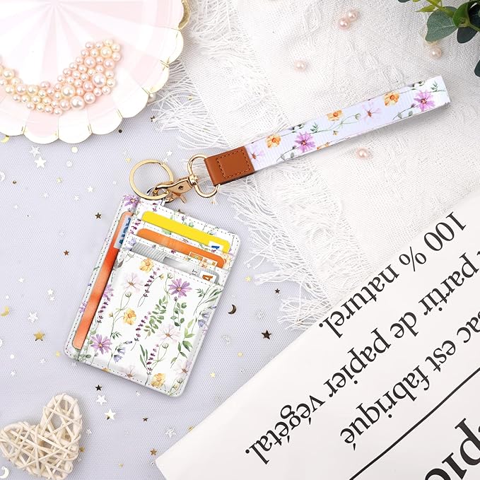 Coco Rossi Slim Front Pocket Wallet RFID ID Card Holder Cute Small Wallet with Wrist Lanyards Key Chain Holder for Women,White Daisy