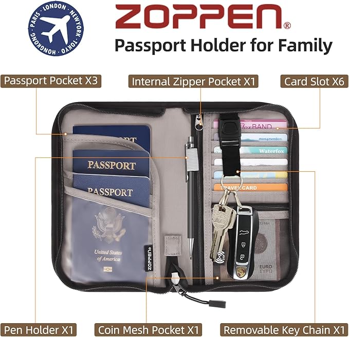 ZOPPEN Passport Holder Family RFID Passport Wallet, Passport Holder Women/Men, Travel Wallet Documents Organizer Zipper Case with Removable Wristlet Strap, Travel Essentials for Flying
