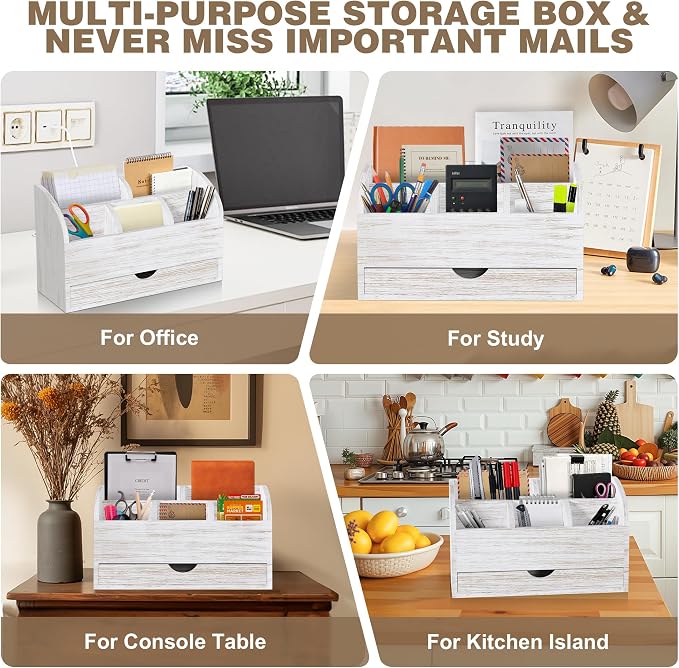 Wood Mail Organizer with Drawer & Pen Holder, White Mail Holder with 5 Detachable Compartments, Desk Organizer for Bill Envelope Storage, for Office Entryway Kitchen Countertop
