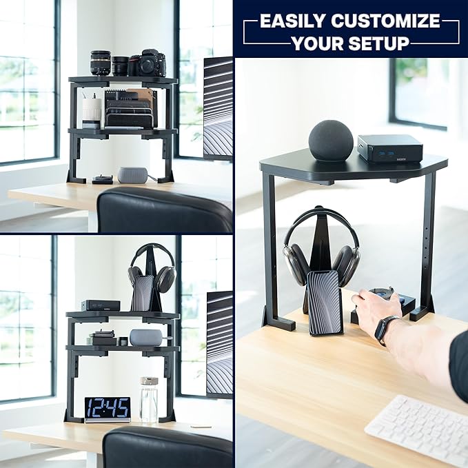 VIVO Corner Clamp-on 17 inch Above or Below Desk 2-Tier Shelving Unit for Table Accessories, Gaming Devices, and More, Storage Desk Attachment Organizer, Black, STAND-SHELF2CR