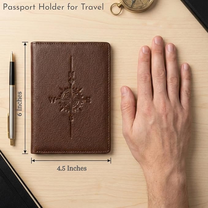 SETTINI Genuine Leather Passport Holder for Travel — RFID Blocking Passport Wallet for Men & Women, Compass Design, 6 Card Slots, ID Window, Travel Gift in Gift Box