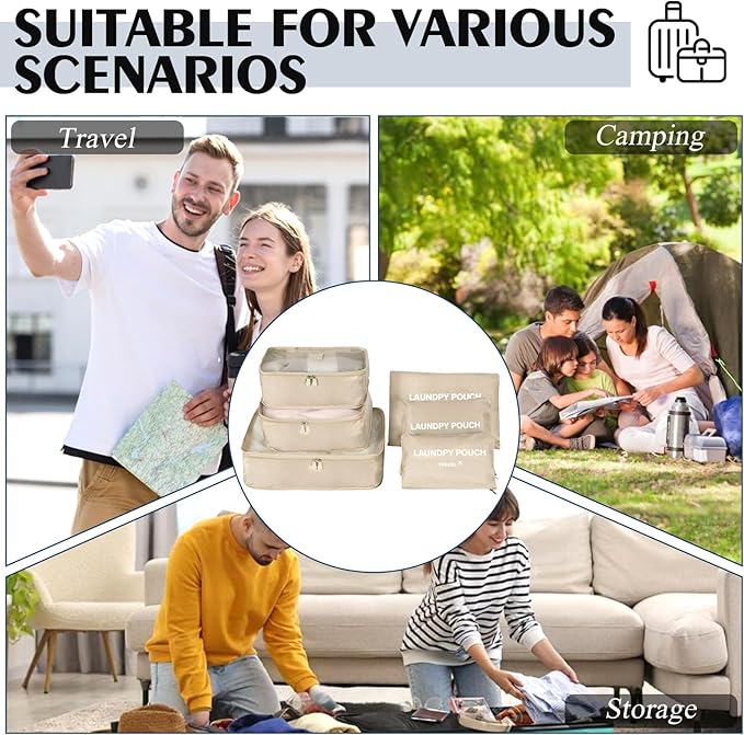 6 Set Packing Cubes for Travel Luggage Packing Bags Reusable Waterproof Suitcase Organizer Bags Set with Shoe Bag and Toiletry Bag (Beige‌)