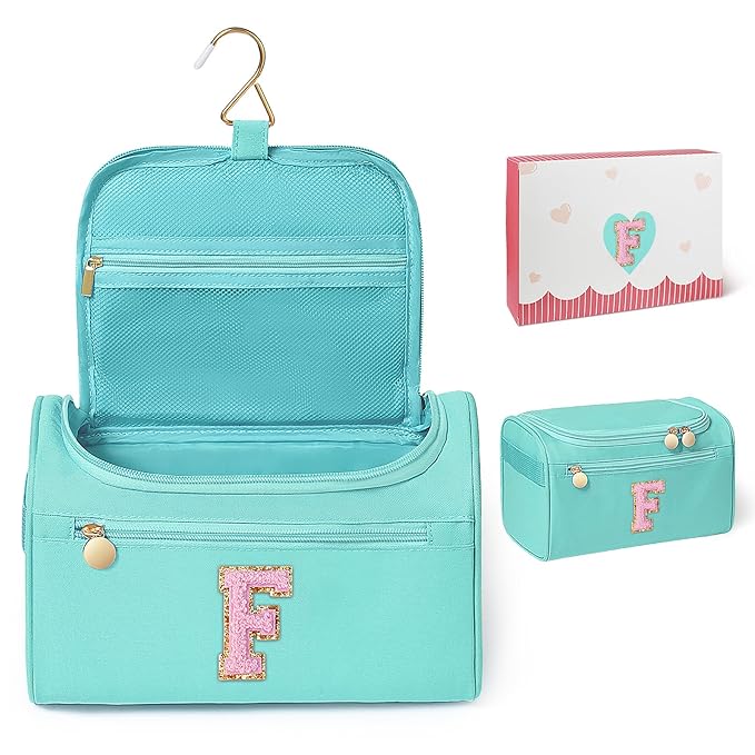 COSHAYSOO Valentines Galentines Day Fall Travel Gifts for Teen Girls Friend Sister Bestie Happy Birthday Party Favor Present, Hanging Toiletry Bag Skin Care Toiletries Teal Blue Letter F