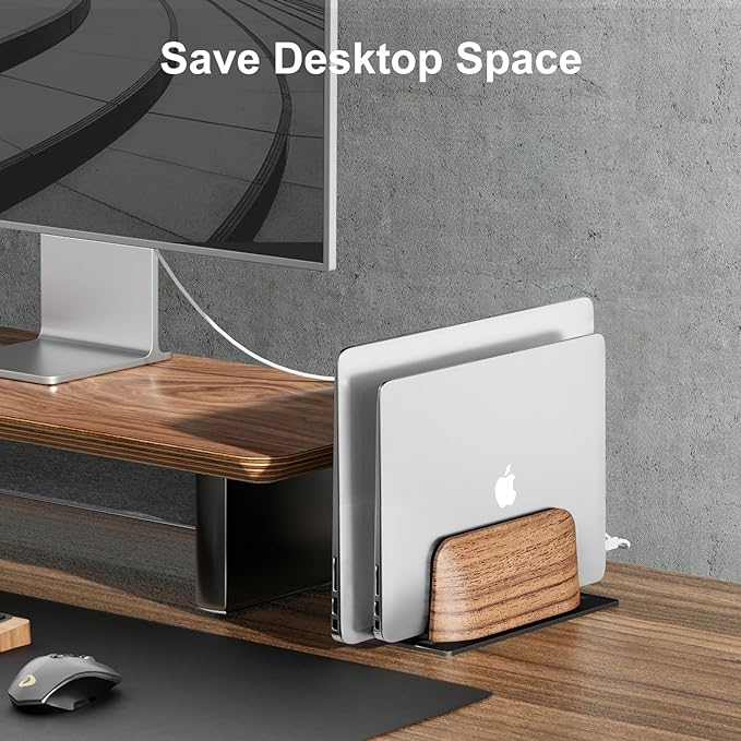 UPERGO Vertical Laptop Stand, Dual Slot Wooden Laptop Holder Vertical for Desk, Width Adjustable Dock for MacBook Pro and Other Laptops